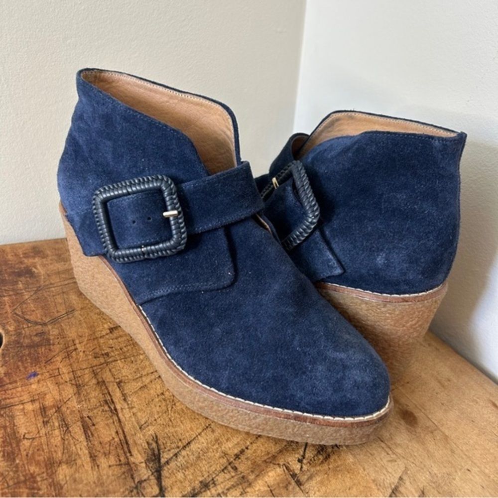 Jack Rogers 7 Navy Blue Suede Wedge Ankle Boots Preppy Retro Glam Hippie Classy